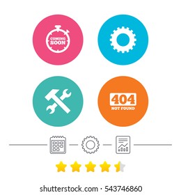 Coming soon icon. Repair service tool and gear symbols. Hammer with wrench signs. 404 Not found. Calendar, cogwheel and report linear icons. Star vote ranking. Vector