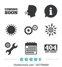 Coming soon icon. Repair service tool and gear symbols. Wrench sign. 404 Not found. Information, go to web and calendar icons. Sun and loud speak symbol. Vector