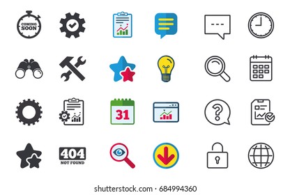 Coming soon icon. Repair service tool and gear symbols. Hammer with wrench signs. 404 Not found. Chat, Report and Calendar signs. Stars, Statistics and Download icons. Question, Clock and Globe
