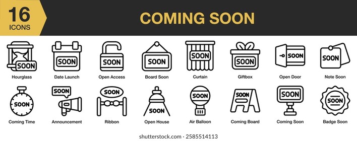 Coming Soon icon set. Includes new, promotion, soon, banner, business, and More. Outline icons vector collection.