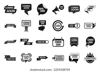 Coming soon icons set simple vector. Neon sign. Arrival release