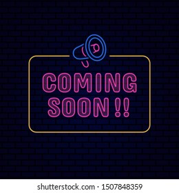 Coming soon information board sign poster Retro glowing neon light effect for night entertainment with megaphone icon vector illustration on dark brick background design