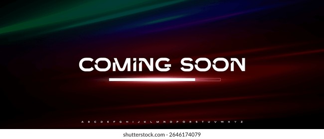 Coming soon interface with glowing progress bar. Futuristic digital typography for tech promo, website launch, app loading page, UI UX design. Bold urban font, techno alphabet. Vector illustration