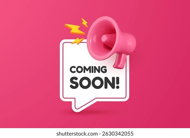 Coming Soon label with 3D megaphone and speech bubble. Promotional banner featuring 3D megaphone icon for upcoming product launch. Vector illustration.