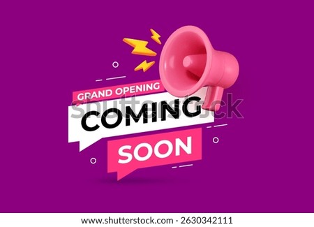 Coming Soon label with 3D megaphone and speech bubble. Promotional banner featuring 3D megaphone icon for upcoming product launch. Vector illustration.