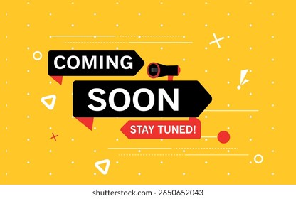 Coming soon , label, logo, announcement, speaker, icon , vector art logo design illustrator on yellow background