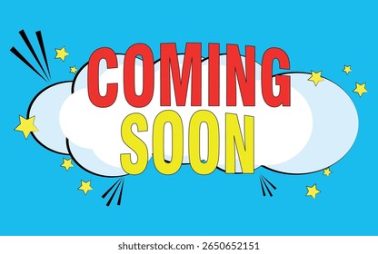 Coming soon , label, logo, announcement, Cloud, bash, star icon , vector art logo design illustrator on yellow background