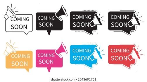 coming soon labels icon set for social media Marketing, promotion. vector illustration