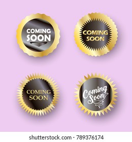 Coming Soon - labels set, unique gold round stamp symbols, buttons modern frames, icons, stickers elements website, sale promo flyer, brochure design vector banners under construction sign template