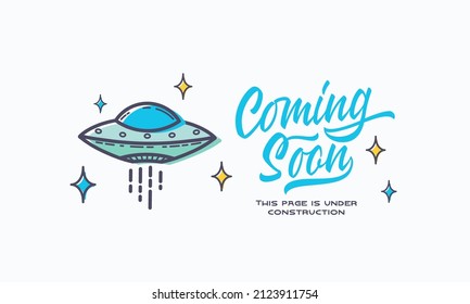 Coming soon lettering with outlined UFO sign web template. Page under construction website vector colorful banner background. Isolated