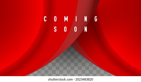 Coming soon lettering. Red curtain. 3D vector illustration on transparent background.