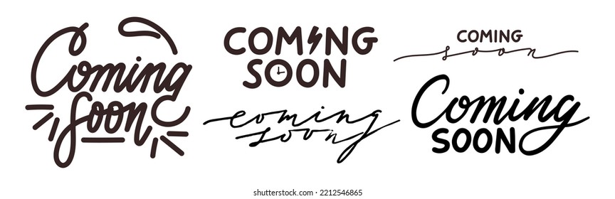 Coming soon lettering set. Words collection isolated on white background. Creative typography to announce new event, product launch, release note. Advertising, marketing campaign design elements.