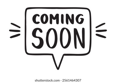 Coming Soon lettering text in speech bubble doodle hand drawn icon set. Outline drawing coming soon line clipart symbol collection. Vector illustration