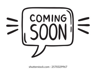 Coming Soon lettering text in speech bubble doodle hand drawn icon set. Outline drawing coming soon line clipart symbol collection. Vector illustration