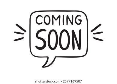 Coming Soon lettering text in speech bubble doodle hand drawn icon set. Outline drawing coming soon line clipart symbol collection. Vector illustration