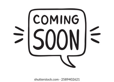 Coming Soon lettering text in speech bubble doodle hand drawn icon set. Outline drawing coming soon line clipart symbol collection. Vector illustration