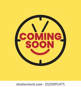 Coming soon logo with a clock icon. Coming soon sticker tag for announcing and business promotion. Typography Vector illustration on yellow background.