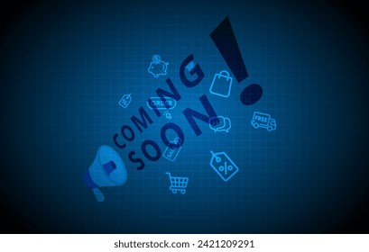 Coming soon, marketing design signs with speakers and icons. Vector illustration on a blue background.