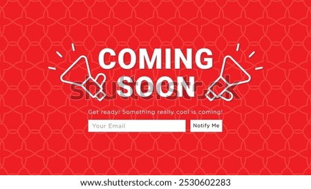 Coming soon with a megaphone design on an abstract background