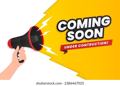 Coming soon with megaphone design. Vector illustration on yellow background