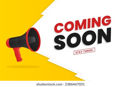 Coming soon with megaphone design. Vector illustration on yellow background