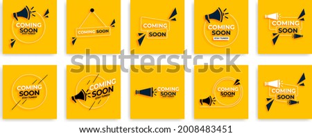 Coming soon with megaphone design. Vector illustration on yellow background