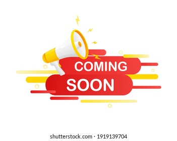 Coming soon megaphone on white background for flyer design. Vector illustration in flat style.