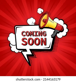 Coming soon megaphone on white background for flyer design. Vector illustration in pop style