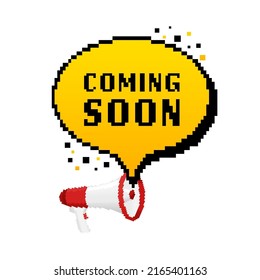 Coming soon megaphone on white background for flyer design. Vector illustration in pixel style