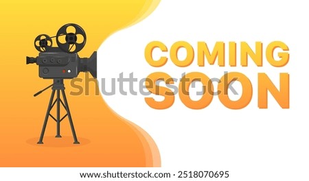 Coming soon message icon. Old cinema camera icon. Flat style. Vector icon.
