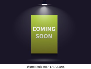 Coming soon message illuminated with light projector. Vector illustration