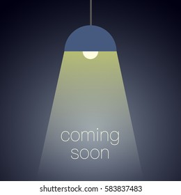 Coming soon message illuminated with light projector blank vector illustration. Blue background. 