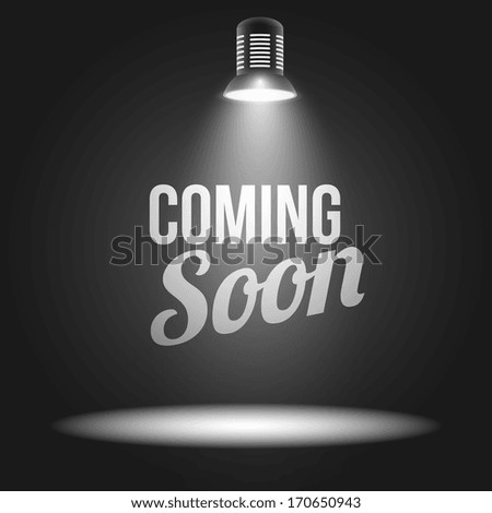 Coming soon message illuminated with light projector blank stage realistic vector illustration