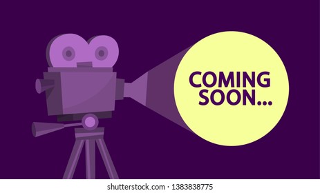 Coming soon message on the cinema screen. Idea of film and movie. Promotion, announcement and advertising. Vector illustration in cartoon style