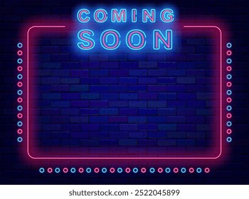 Coming soon neon advertising. Upcoming events. Pink vintage frame. Shiny announcement. Glowing typography. Light banner. Copy space. Bright flyer. Editing text. Vector illustration