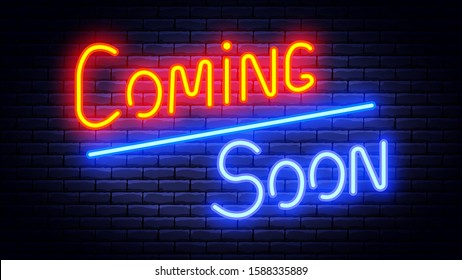 Coming soon neon banner on brick wall. Vector illustration.