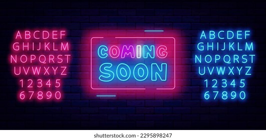 Coming soon neon label. Party and sale preparation. Pop art kids design. Event celebration. Show announcement with frame. Glowing blue and pink alphabet. Shiny sign. Vector stock illustration