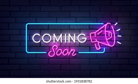 Coming Soon neon sign, bright signboard, light banner. Coming Soon logo neon, emblem. Vector illustration