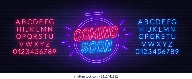 Coming soon neon sign with clock. Red and blue neon alphabets.