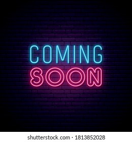 Coming Soon neon sign. Concept neon design for promotion, announcement and advensing. Coming soon glowing text. Vector Illustration.