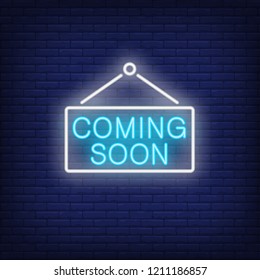 Coming soon neon sign. Luminous signboard with signboard. Night bright advertisement. Vector illustration in neon style for announcement, product launch, opening