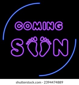 coming soon neon sign, modern glowing banner design, colorful modern design trends on black background. Vector illustration.