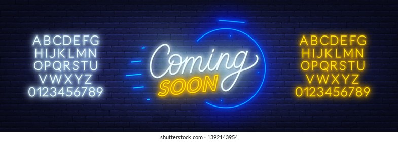 Coming soon neon sign on brick wall background. Template for design. Neon alphabet .