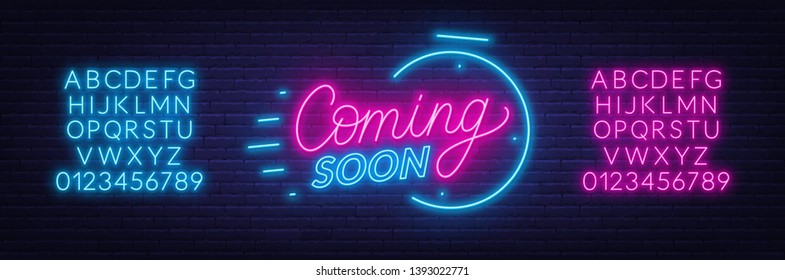 Coming soon neon sign on brick wall background. Template for design. Neon alphabet .