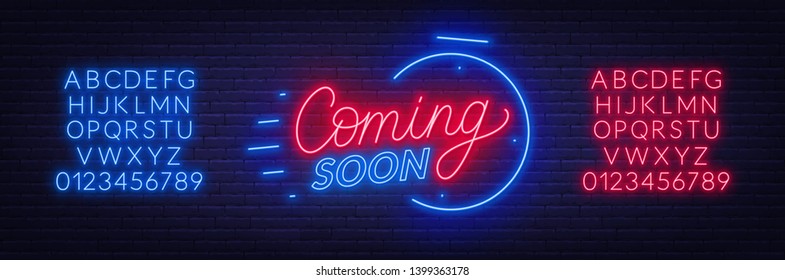 Coming soon neon sign on brick wall background. Template for design. Neon alphabet .Vector illustration.