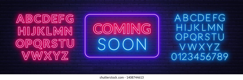 Coming soon neon sign on brick wall background. Template for design. Neon alphabet .Vector illustration.