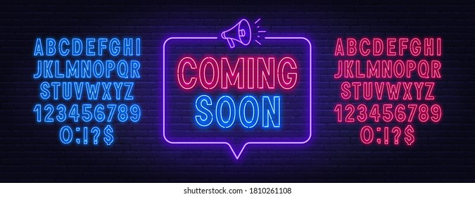 Coming soon neon sign in speech bubble frame with megaphone. Red and blue neon alphabets.