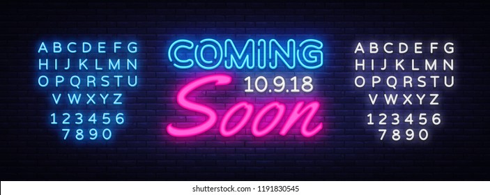 Coming Soon neon sign vector. Coming Soon Design template neon sign, light banner, neon signboard, nightly bright advertising, light inscription. Vector illustration. Editing text neon sign