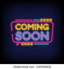 Coming Soon Neon Sign Vector a brick wall background vector  design element  light banner  announcement neon signboard  night neon advensing. Vector Illustration