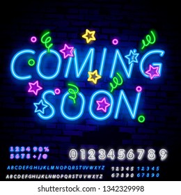 Coming Soon Neon Sign Vector with Brick Wall Background . Coming Soon Badge in neon style design element light banner announcement neon signboard night neon advensing. Editing Text